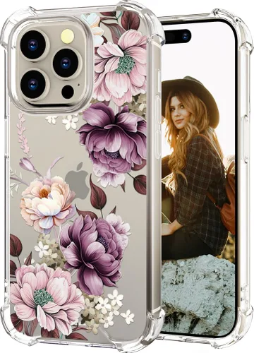 Miniatura 92 de Hungo Funda compatible con iPhone 15 Plus para mujer, diseño floral transparente, lindo, flor azul rosa Rosas Azules