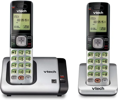 Teléfono Vtech DECT 6.0 con identificador de llamadas / llamada en espera, plata / negro con 2 auriculares inalámbricos, Plateado 2 Teléfonos Plata