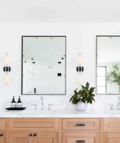 Miniatura 2 de DAYCENT Modernas luces negras para tocador de baño, aplique de pared de vidrio esmerilado de 2 luces, apliques cilíndricos negros mate, iluminación