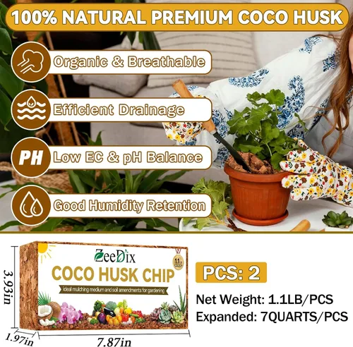 Miniatura 2 de Zeedix Paquete de 2 chips de cáscara de coco para plantas, mantillo de chips de coco 100% orgánico con bajo equilibrio de EC y PH, multiuso