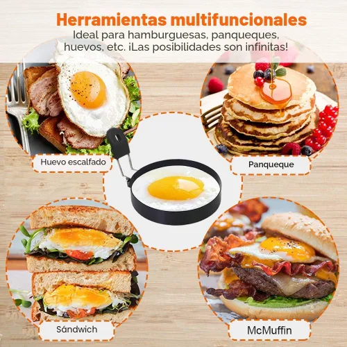 Miniatura 3 de COTEY Juego de 2 anillos de huevo de 3.5 pulgadas con mango de silicona, anillo grande para freír huevos, molde redondo para magdalenas inglesas