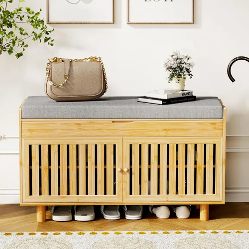 Miniatura 7 de Banco de almacenamiento de zapatos, banco de entrada de bambú con 2 puertas y cojín de asiento acolchado, 35.4" An x 12.6" Pr x 19.7" Al, zapatero