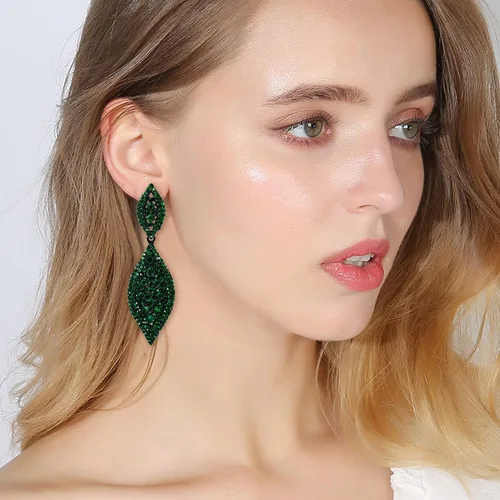 Miniatura 7 de Flyonce - Aretes caídos de diamantes de imitación y diseño de 2 hojas para novia