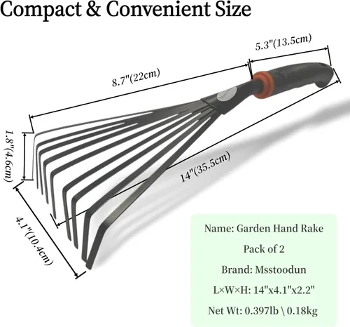 Miniatura 2 de Paquete de 2 rastrillos de mano pequeños para jardinería, mini rastrillo de hojas y arbustos con púas de acero duraderas, mango ergonómico