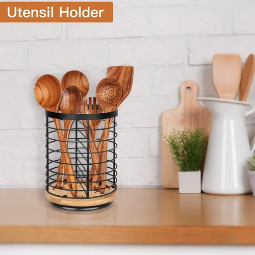 Miniatura 4 de Soporte para utensilios de cocina – 7.2 pulgadas grande giratorio para utensilios de cocina, base de madera + metal, organizador de espátula