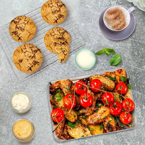 Miniatura 4 de P&P CHEF, bandeja para horno tostador de 9 pulgadas con juego de rejilla, bandeja de hornear de acero inoxidable y rejilla de enfriamiento