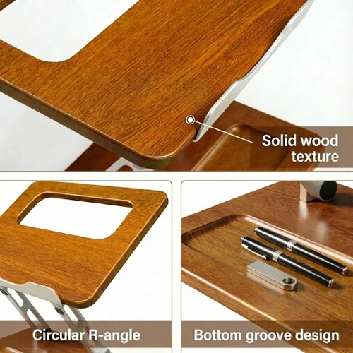 Miniatura 6 de Soporte ergonómico de madera para portátil con ranura para bolígrafo, altura y ángulo ajustables, refrigeración hueca, plegable para uso