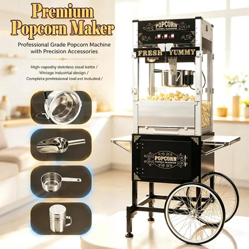 Miniatura 8 de 20 OZ Commercial Popcorn Machine with Cart - Stainless Steel Kettle Popper with Wheels, Warming Deck & Tempered Glass, for Business, School