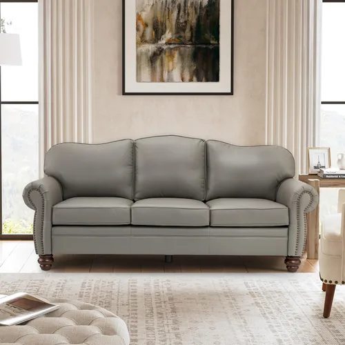 Miniatura 12 de El apoyo que necesitas 152 cm de ancho Sofá Chesterfield de cuero genuino, sofá con brazos enrollados, reborde con clavos para muebles de sala