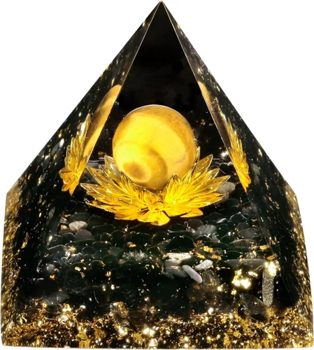 Rockcloud Esfera de piedra de cristal de pirámide de orgón en generador de energía base de loto para meditación de equilibrio de chakras, ojo de