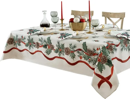 Miniatura 6 de Lintex Evergreen Garland - Manteles individuales de tela navideña con borde de doble cinta, juego de 4, diseño de acebo y piña, fácil cuidado