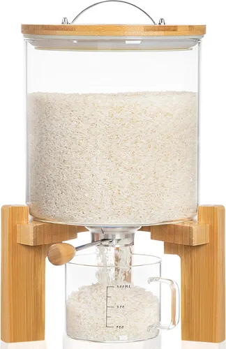 Miniatura 9 de HBlife Dispensador de arroz de vidrio de 5 a 7 libras con soporte de madera, contenedor de harina y cereales con taza medidora de vidrio, despensa