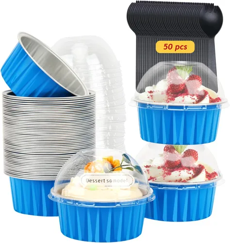 Miniatura 14 de Jumbo 5oz 148ml de papel de aluminio para cupcakes con tapas, juego de 50, Free-Air, ramequines desechables, moldes para magdalenas, mini moldes