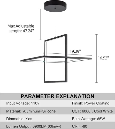 Miniatura 4 de Candelabro LED moderno – Lámpara colgante cuadrada, estilo contemporáneo, regulable para sala, comedor, dormitorio, cocina, sala de estudio, 65 W