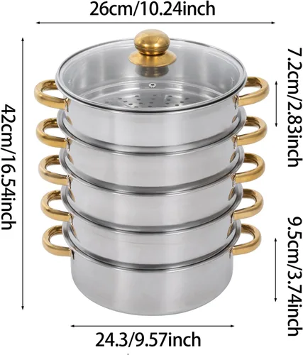 Miniatura 6 de Steamer Pot,5-Tier Stainless Steel Stockpot Steamers with Glass Lid and Anti-Scalding Handles,Polishing Steamer Cookware Pot for Induction Cookers