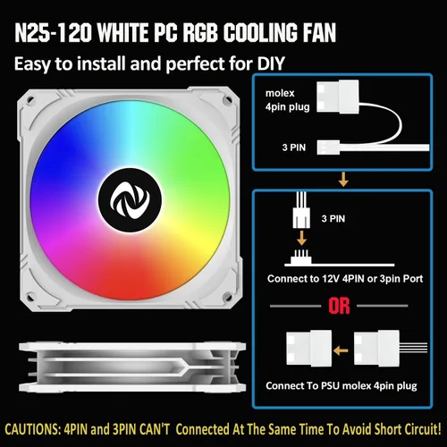 Miniatura 3 de Ventilador de caja de 4.724 in, paquete de 3 ventiladores de caja RGB, N25-120 ventiladores de PC silenciosos blancos de 1200 rpm, rodamiento