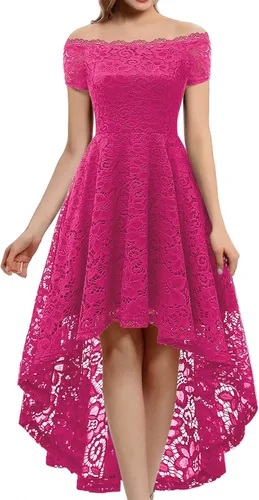 Dressystar Vestido de Cóctel de Encaje para Mujer Hi-Lo con Hombros Descubiertos para Dama de Honor Vestido de Fiesta Formal Swing