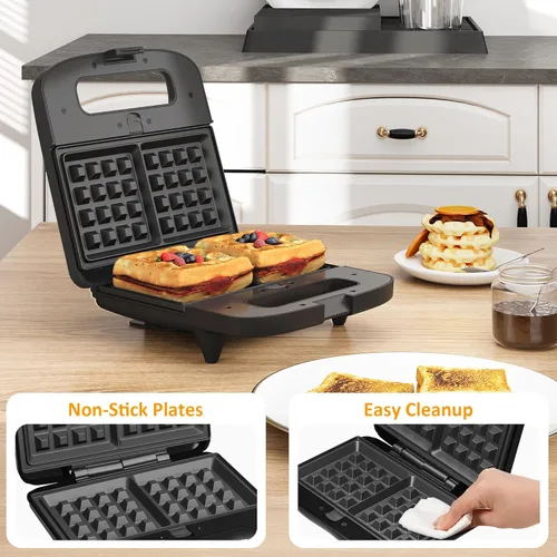 Miniatura 4 de Máquina 3 en 1 para Gofres, Parrilla y Sándwiches, Sandwichera Prensa Panini Plancha de Gofres con Placas Antiadherentes Extraíbles y Luces