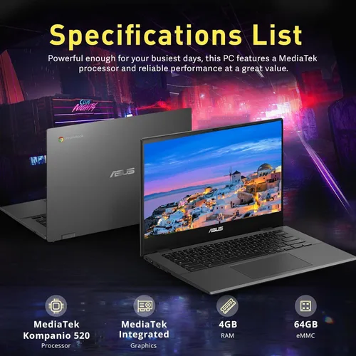 Miniatura 3 de ASUS Chromebook Laptop de 14 pulgadas – Google Chromebook School Student – 8Core MediaTek Kompanio 520 – Pantalla FHD – USB C – Wi-Fi 6-15 horas