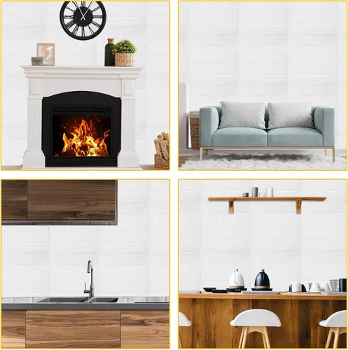 Miniatura 7 de uxcell Paneles de pared 3D para despegar y pegar, 30 piezas de papel tapiz de ladrillo de espuma para dormitorio, panel de pared de piedra Blanco