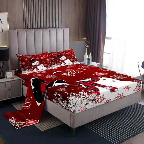 Miniatura 11 de Manfei juego de sábanas de Navidad tamaño completo, juego de ropa de cama con árbol de Navidad en forma de muñeco de nieve para la decoración