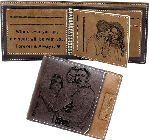 Amlion Carteras personalizadas, cartera de piel grabada para fotos, para hombres, papá, marido, Rojo Marrón, Minimalista