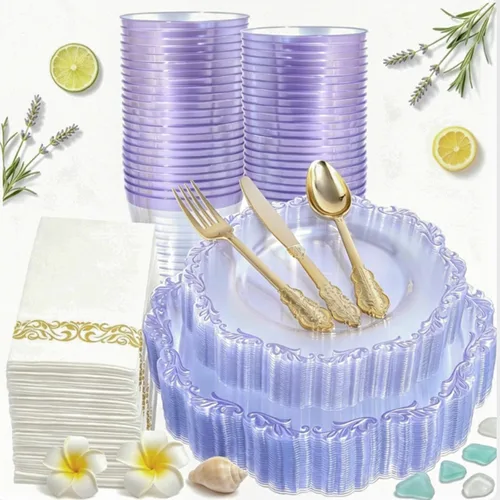 Miniatura 10 de PULOTE 175 platos de plástico verde – Plástico transparente con borde verde desechable – Incluye 25 platos de cada uno (cena y postre), 75