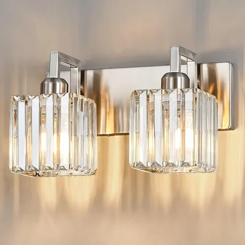 Miniatura 16 de Lámpara de tocador moderna de 2 luces de níquel cepillado, lámpara de tocador de cristal, luz de pared de baño, accesorios de iluminación de baño