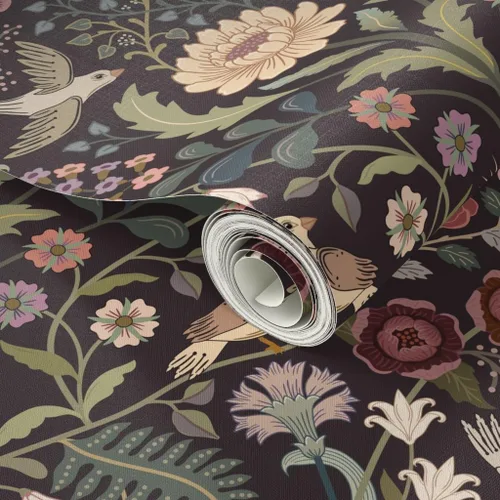 Miniatura 2 de Papel tapiz autoadhesivo para despegar y pegar, papel tapiz tradicional floral, arte popular, pájaros, verde victoriano, borgoña, extra grande