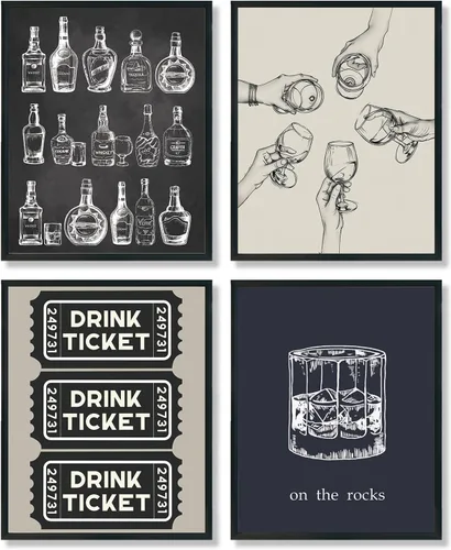 Miniatura 8 de ULEGIE Decoración de pared de bar, decoración de carrito de bar, decoración de pared retro de cóctel de champán, juego de 4, póster de bar
