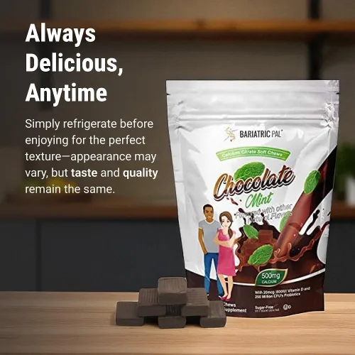 Miniatura 7 de BariatricPal Masticables suaves de citrato de calcio sin azúcar, 500 mg con vitamina D y probióticos, chocolate y menta, 90