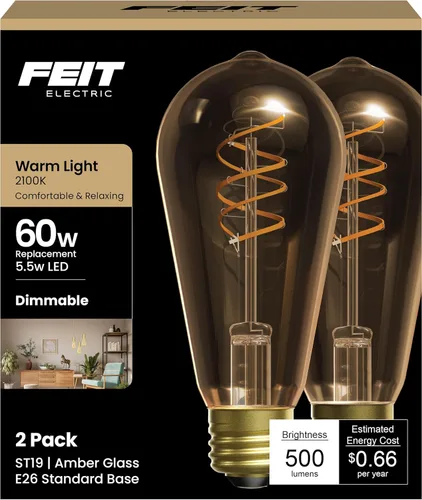 Feit Electric ST19 - Bombilla LED vintage, equivalente a 60 W, luz cálida de 2100 K, filamento en espiral, vidrio ámbar, regulable, bombilla