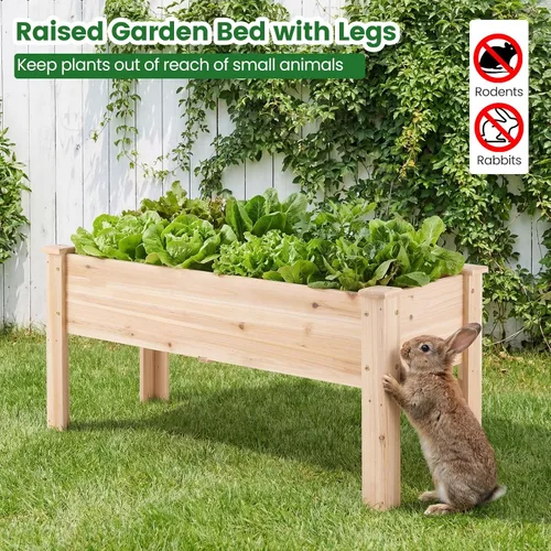 Miniatura 6 de HAPPYGRILL Cama de jardín elevada, maceta de madera con patas, 5 agujeros de drenaje, cama de jardín elevada para verduras y flores, contenedor