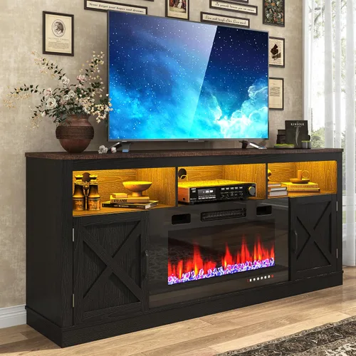 Miniatura 7 de jiteentarou Soporte de TV con chimenea de granja para TV de 70/75/80 pulgadas, centro de entretenimiento de 32 pulgadas de alto con chimenea Negro
