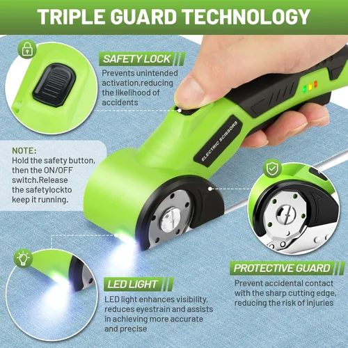 Miniatura 3 de Tijeras eléctricas inalámbricas, cortador de cartón giratorio recargable de 4 V con 2 cuchillas de bloqueo de seguridad y luz LED, cable USB
