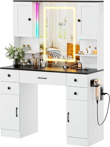 Miniatura 27 de KAMABOKO Escritorio de tocador con luz y espejo, mesa de maquillaje blanca con cajones y estación de carga, 3 modos ajustables para dormitorio y 042
