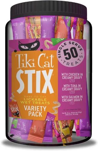 Tiki Cat Stix Mousse Golosinas, Mega Frasco Variado, Golosina Lamible Indulgente de Porción Individual o Complemento para Comida Seca, 50 Unidades,