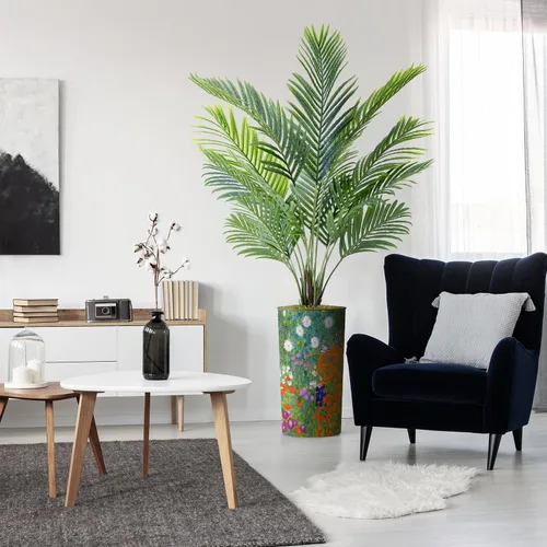 Árbol artificial en macetero con patrón de flores coloridas, palmera tropical areca artificial de seda para decoración del hogar en interiores y