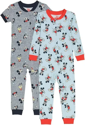Disney Mickey & Minnie Mouse - Paquete de 2 pijamas de una pieza de algodón sin pies, ajuste ceñido, suave y lindo para niños