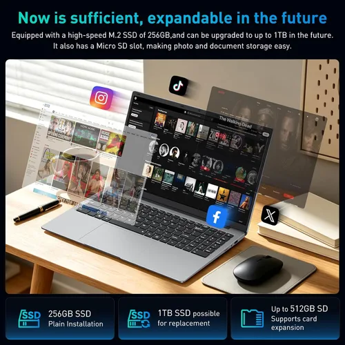 Miniatura 8 de portátil de 15.6" FHD, 12 GB RAM 256 GB SSD, Intel Celeron N4000, computadora portátil Win 11 Essential para estudiantes, clases en línea, hogar
