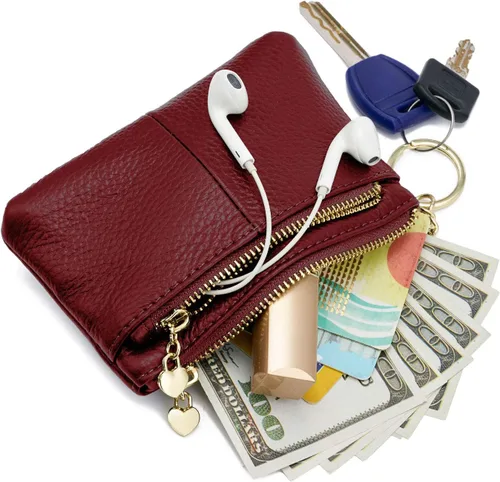 Miniatura 4 de ZOOEASS Mini monedero con cremallera de cuero genuino para mujer, con llavero con triple cremallera, tarjetero