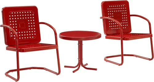 Crosley Furniture Bates - Juego de 3 sillas y mesa auxiliar para exteriores de metal retro, juego de conversación para patio, color rojo brillante
