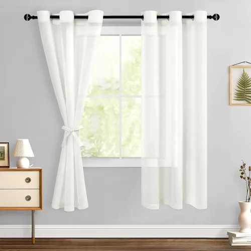Miniatura 131 de Hiasan - Cortinas traslúcidas de gasa cortas semitransparentes con ojales y alzapaños filtrantes de luz para ventana, dormitorio, baño, 2 paneles