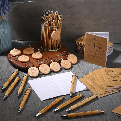 Miniatura 5 de Kisston Juego de 30 cuadernos de regalo religioso cristiano a granel, versículos bíblicos, bolígrafos de bambú y llaveros de madera, regalos
