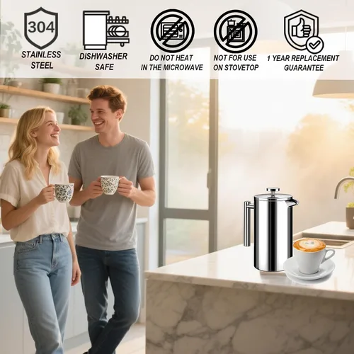 Miniatura 2 de Cafetera de prensa francesa de 34 onzas, aislamiento de doble pared de acero inoxidable, 3 filtros adicionales y cuchara de café para café Plateado