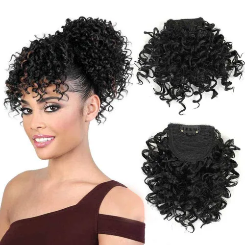 Miniatura 3 de Peluca rizada con flequillo corto afro para mujeres negras, G&T Wig, rizos esponjosos, flequillo clip-in (1B, flequillo simple)