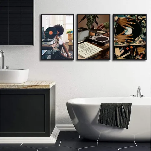 Miniatura 6 de Lienzo enmarcado de niña negra, 3 unidades, diseño de niña negra, música de discos, decoración de pared, cuadros de niña negra funky, pósteres