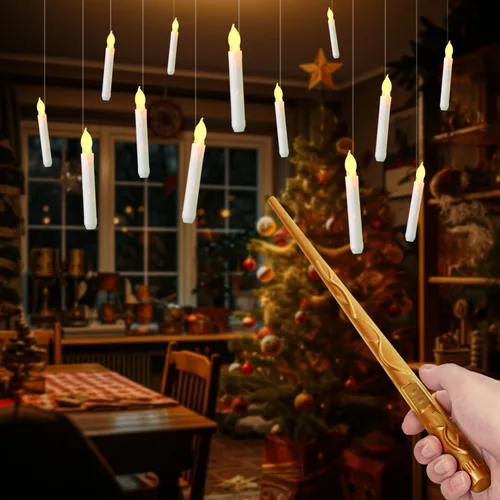 Raycare Velas Flotantes con Varita, 12 Piezas de Velas Colgantes Mágicas Sin Llama, Vela LED Cónica con Luz Cálida Parpadeante y Control Remoto con