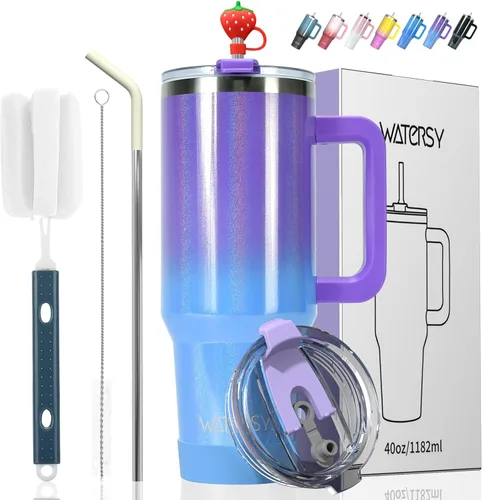 Miniatura 27 de Vaso de 20 oz con asa, vaso con tapa y pajita, vaso de doble pared con aislamiento de acero inoxidable para viajes (frío durante 34 horas), botella