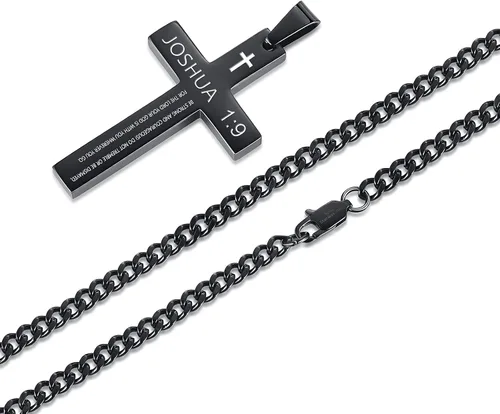 Miniatura 3 de REVEMCN Collar inspirador de cruz con versículo bíblico para hombres y niños, collar con colgante de cruz de plata negra lisa de acero inoxidable